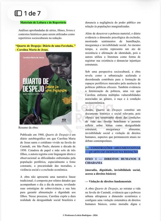 Página do e-book — Quarto de Despejo, repertório sociocultural